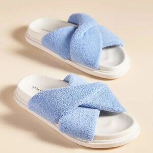 Anthropologie Maeve Blue Terry Towel Pool Slide Sandals Bohemian Grandma Resort